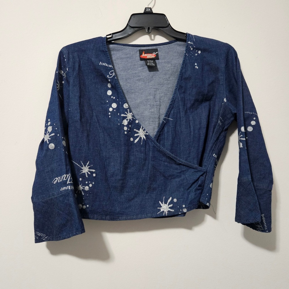 Johnny Blaze Flame Denim Wrap Top Y2K Silver Glitter Starburst Blue Largeā
